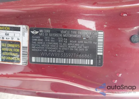 2007 Mini Cooper from USA, damaged, VIN WMWRF33597TF66861